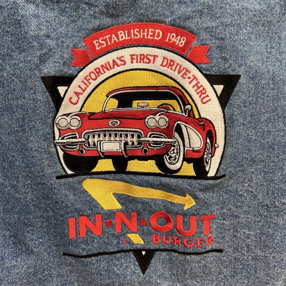 Rare In & Out Burgers Butterfield Stage Denim Jacket‎ Mens Medium Logo On Back - Picture 2 of 6